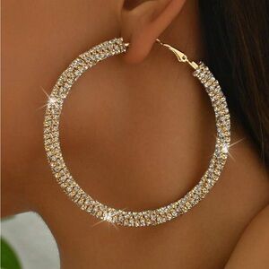 Glitter Hoop Earrings Full Circle Round Sparkle Rhinestone Crystal Wrapped Drop